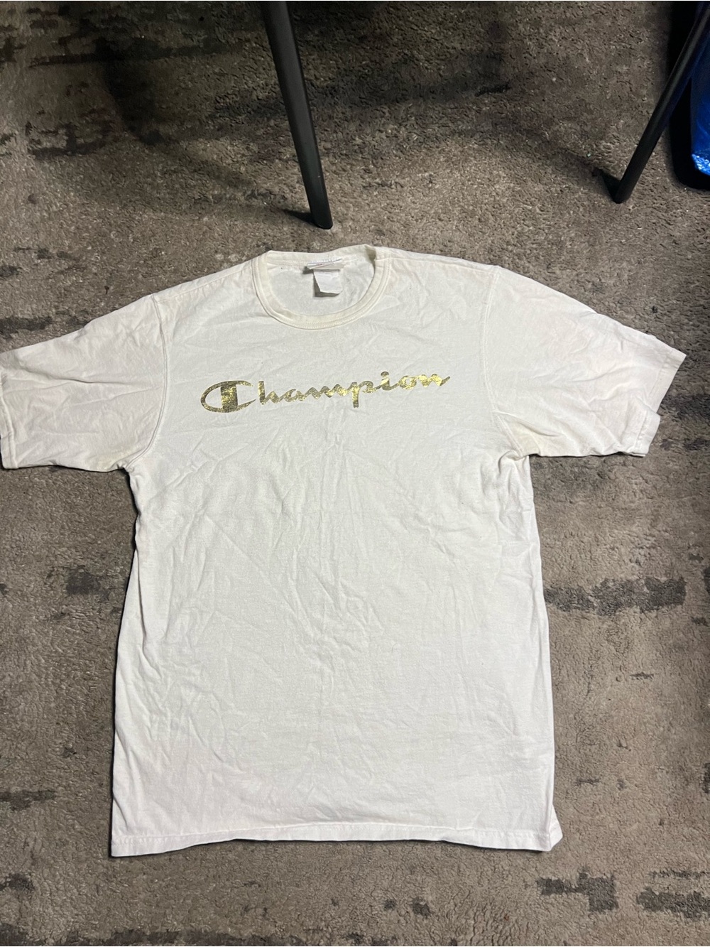 Champion White Short Sleeve Tee with Gold Script Logo